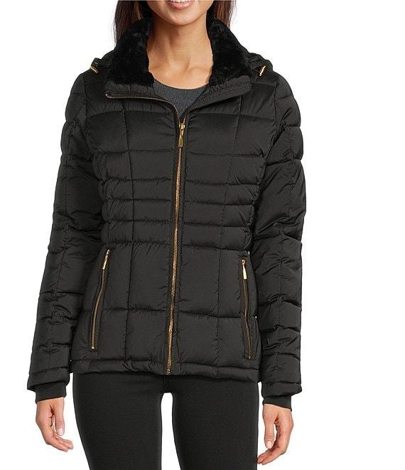 Donna Karan Faux Fur Trim Hooded Stand Collar Short Puffer Coat Product Image