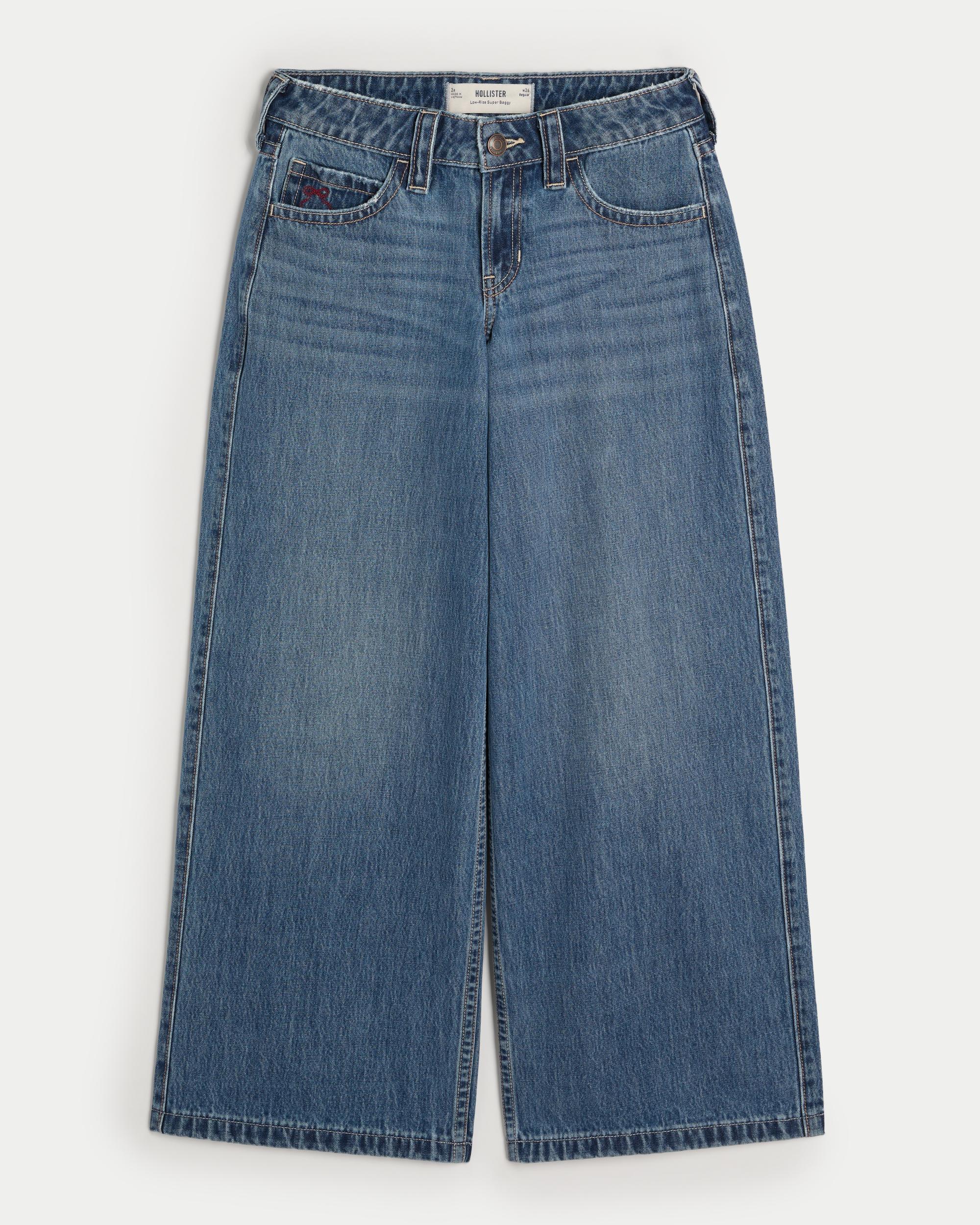 Low-Rise Medium Wash Cherry Embroidered Super Baggy Jeans Product Image