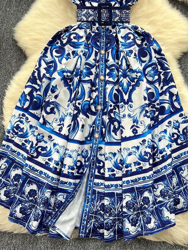 Sleeveless Belt Buckle Buttoned Contrast Color Floral Printed Midi Dresses Product Image