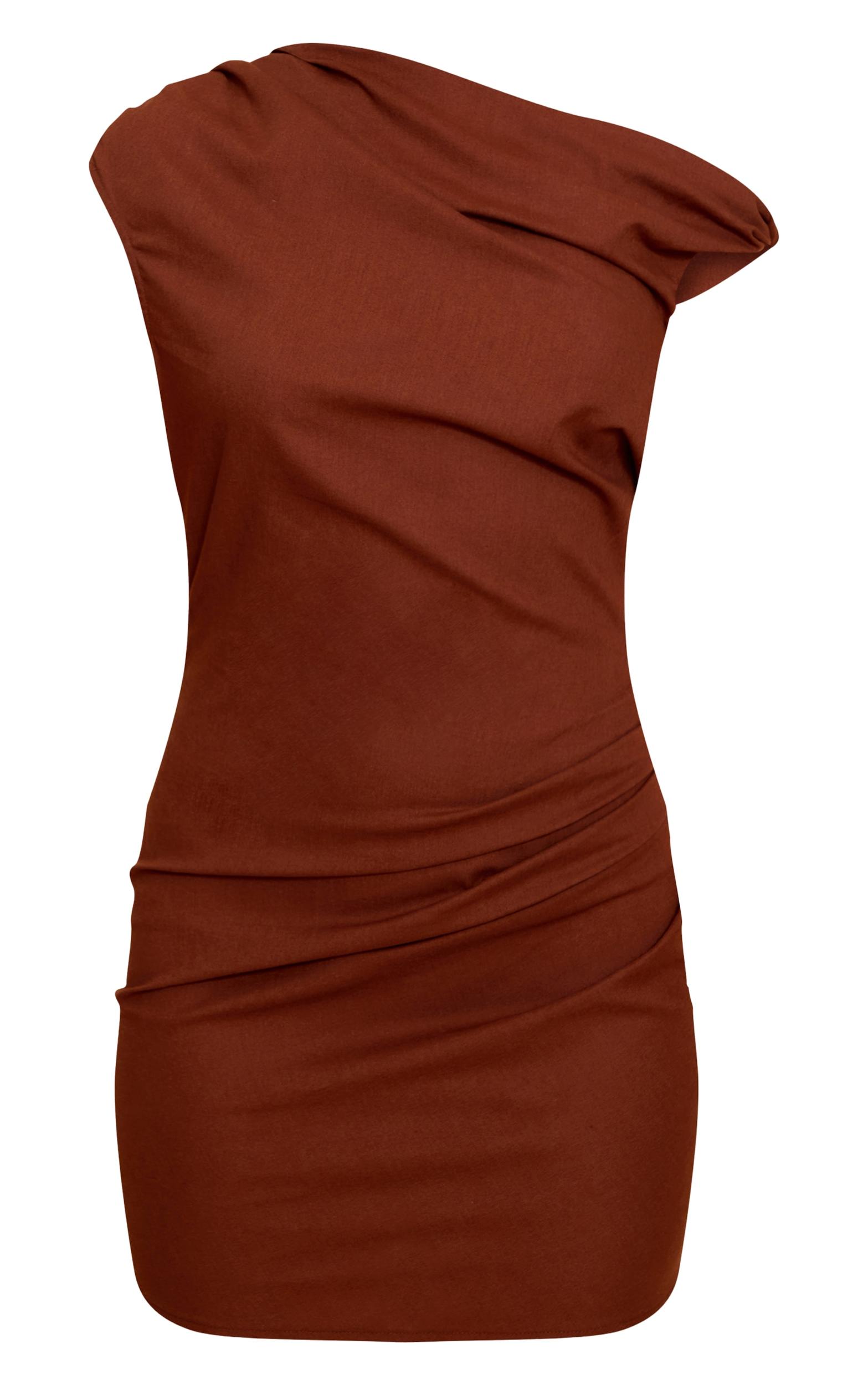 Chocolate Linen Look Twist Shoulder Shift Dress Product Image
