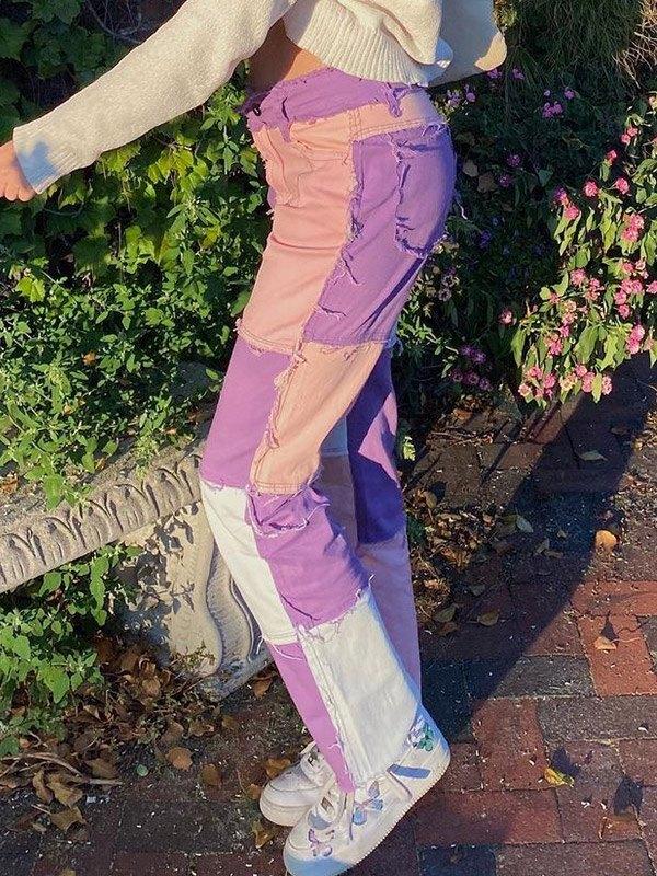 Pastel Patchwork Denim Boyfriend Jeans Product Image