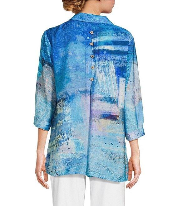 Ali Miles Abstract Block Printed Point Collar 3/4 Sleeve Button Front Tunic Product Image