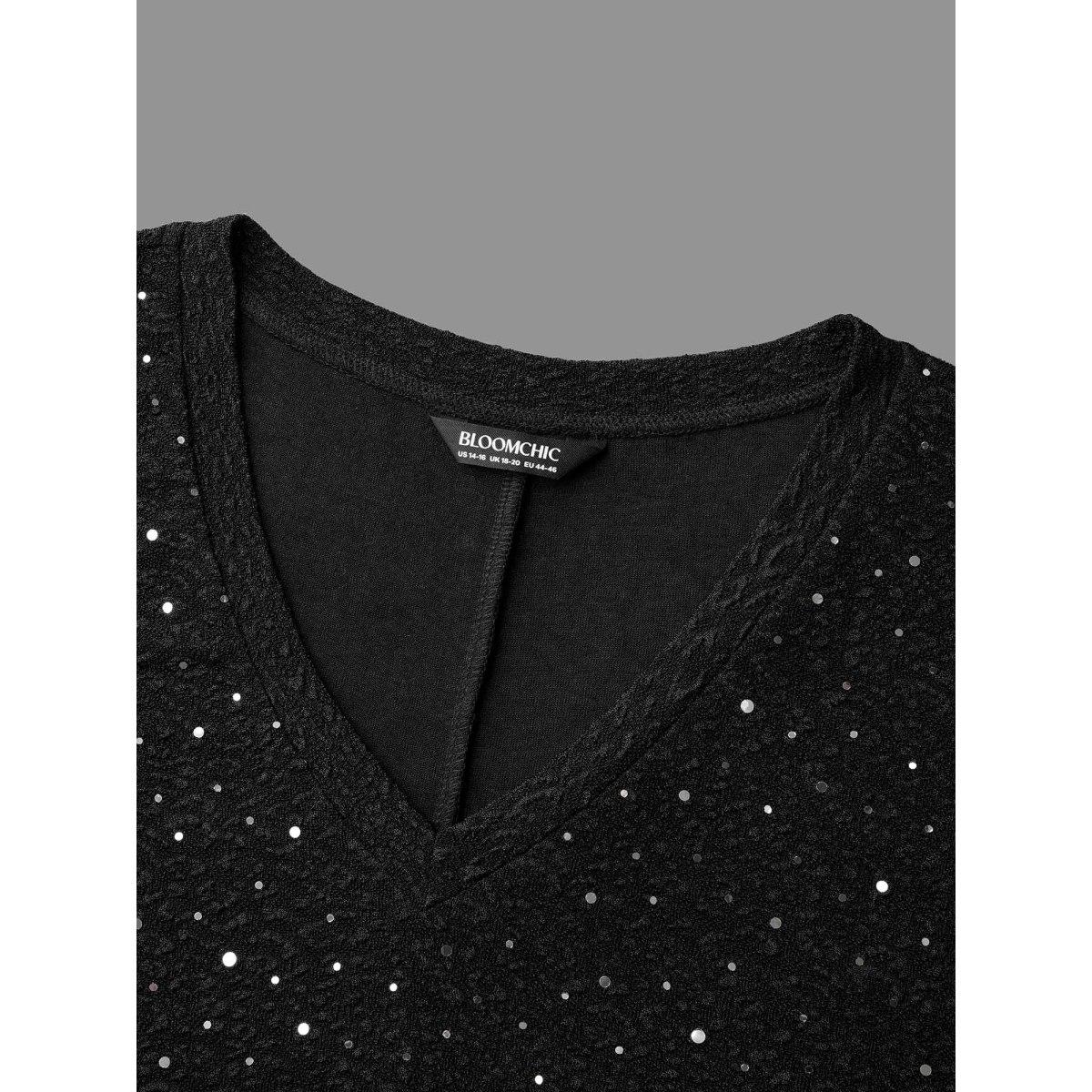 Plus Size V-Neck Sequin Textured T-Shirt Black Women Casual Rhinestone detailing V-neck Everyday T-shirts BloomChic 14-16/1X Product Image