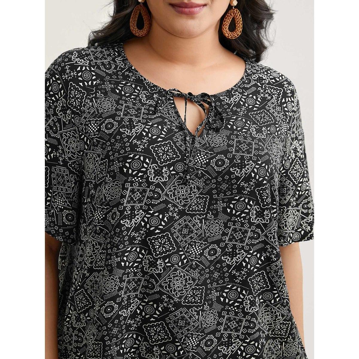 Plus Size Black Boho Print Neck-Tie Blouse Women Resort Short sleeve Ribbon-tied collar Vacation Blouses BloomChic 10/M Product Image