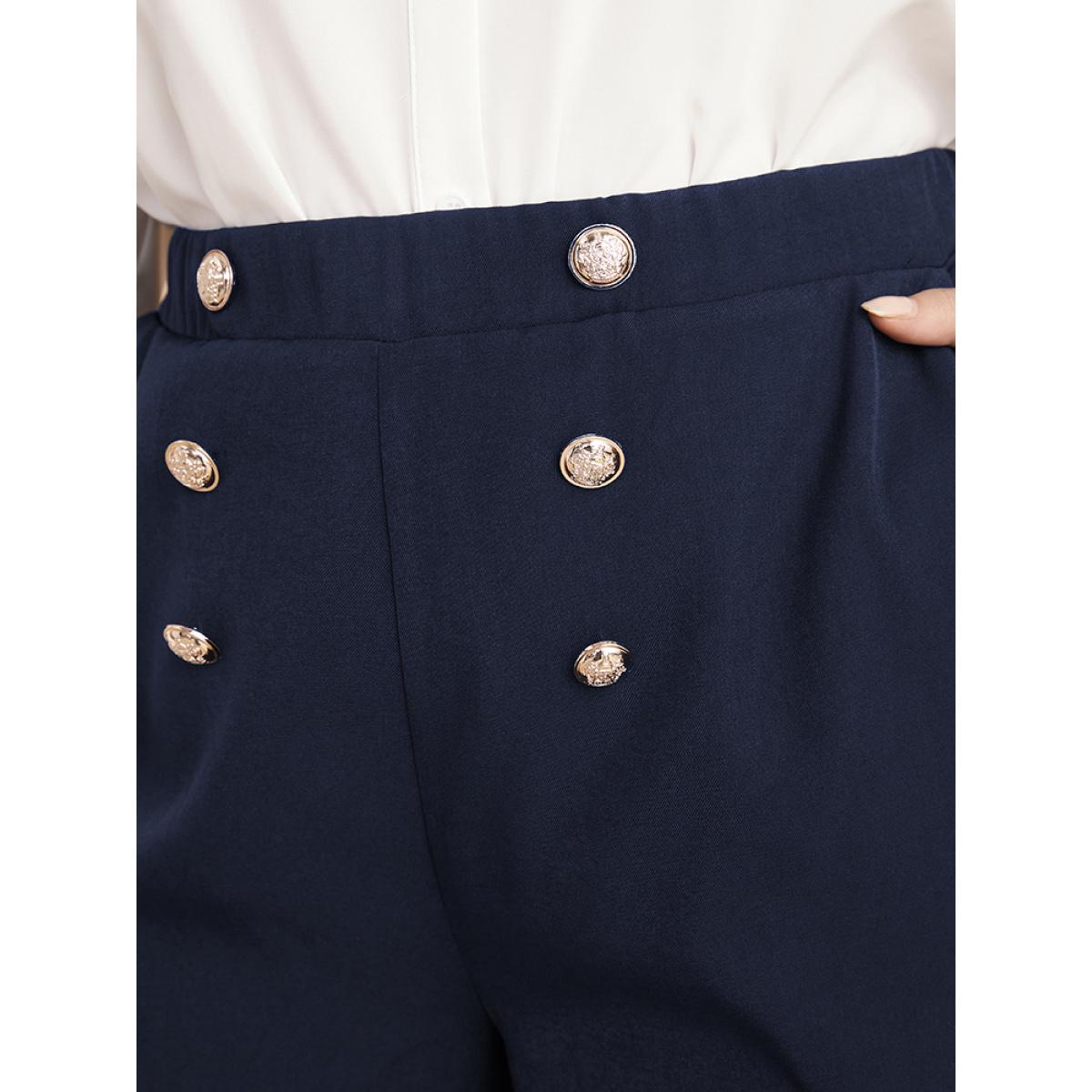 Plus Size Solid Elastic Waist Pocket Button Detail Pants Women Midnight Office Mid Rise Work Pants BloomChic 12/L Product Image