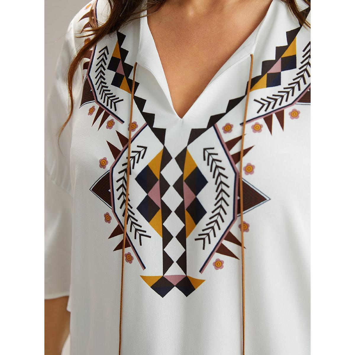 Plus Size White Bandana Patchwork Tassel Trim Flutter Sleeve Blouse Women Vacation Half Sleeve Tie Neck Vacation Blouses BloomChic 14-16/1X Product Image