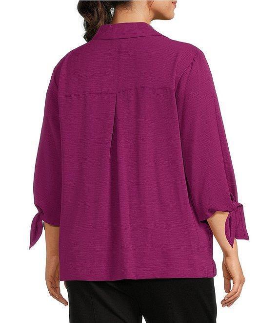 Slim Factor by Investments Plus Size Nicole Point Collar Y-Neck 3/4 Tie Sleeve Button Front Top Product Image