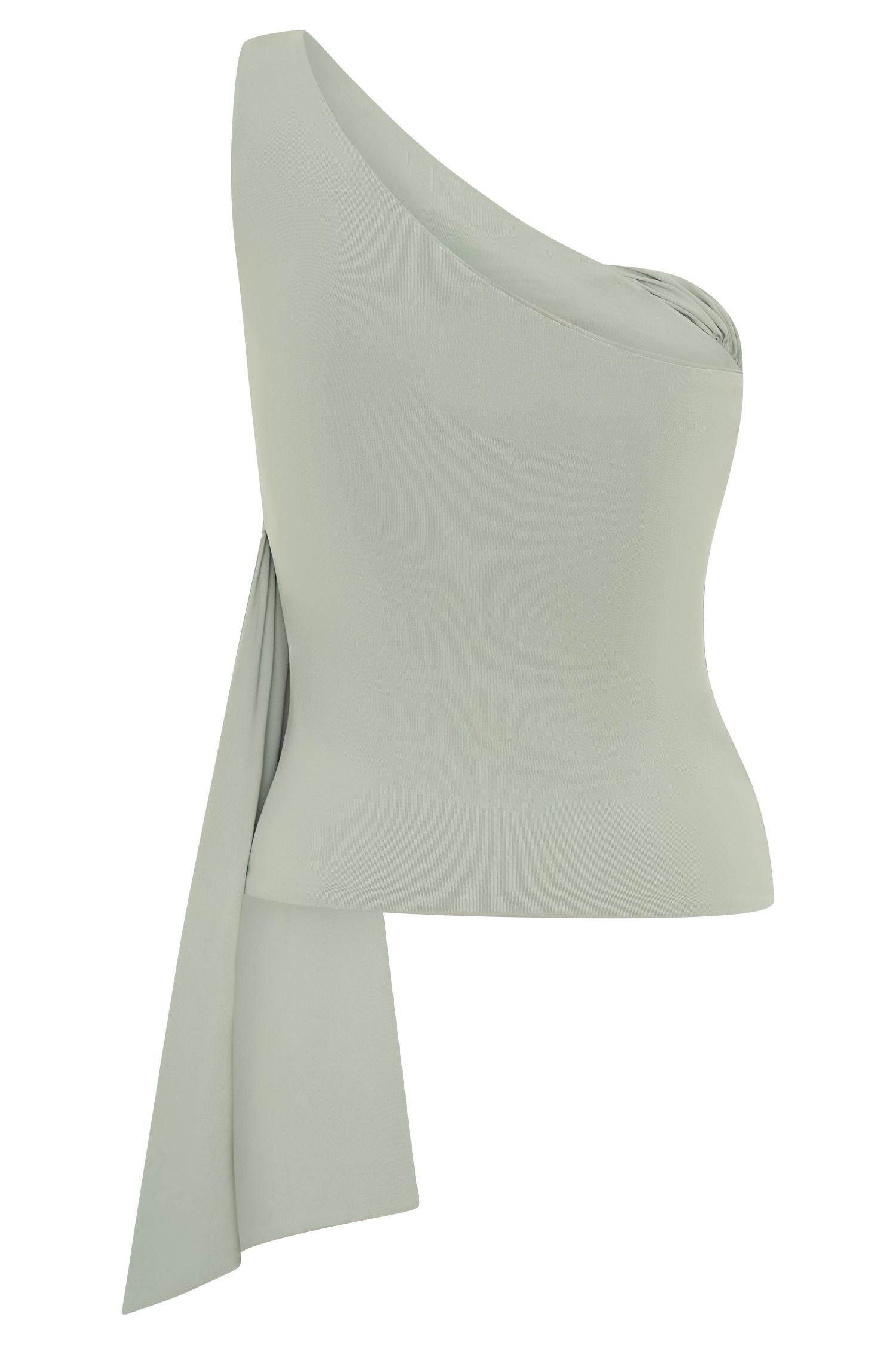 Sera One Shoulder Recycled Nylon Top With Drape - Basil Product Image