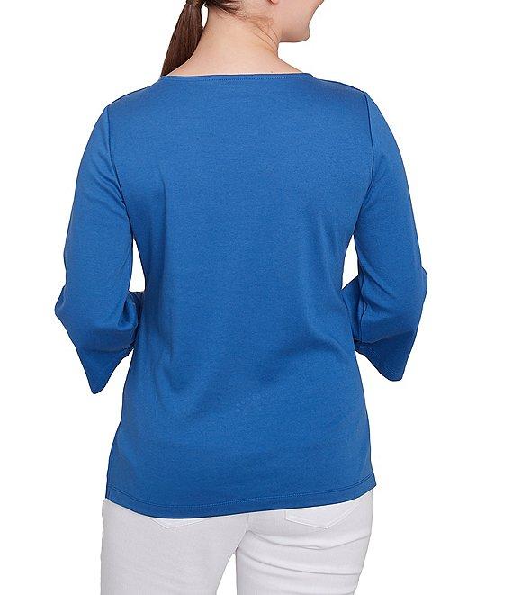 Ruby Rd. Petite Size Embroidered Knit Square Neck 3/4 Sleeve Top Product Image