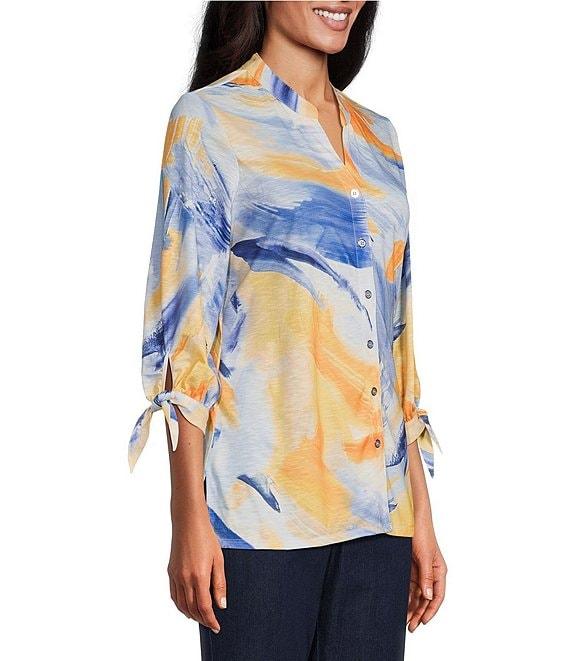 Allison Daley Petite Size 3/4 Tie Sleeve Y-Neck Button Front Knit Top Product Image