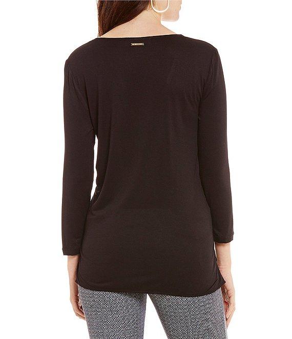 MICHAEL Michael Kors Mixed Woven Knit Layered Hem V-Neck 3/4 Sleeve Shirt Product Image