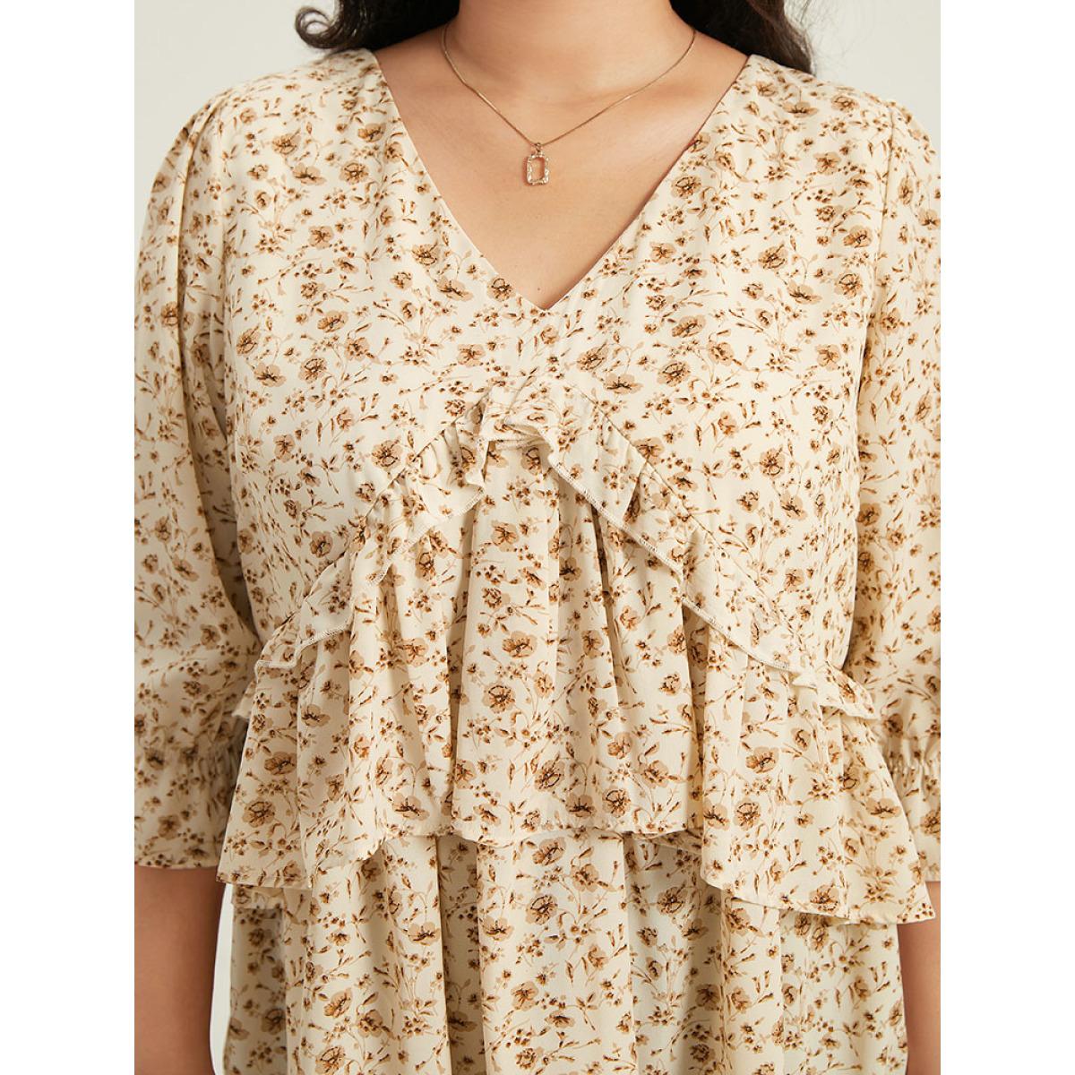 Plus Size Apricot Ditsy Floral Tiered Ruffles Gathered Blouse Women Elegant Elbow-length sleeve V-neck Dailywear Blouses BloomChic 12/L Product Image