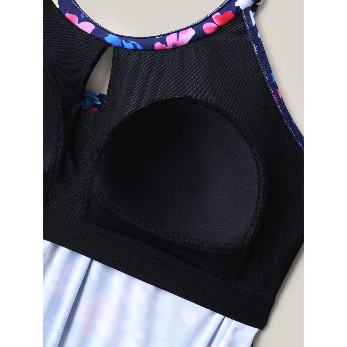 Plus Size Floral Print Keyhole Pockets Swim Romper Women's Swimwear Black Resort Curve Bathing Suits High stretch One Pieces BloomChic 10/M Product Image