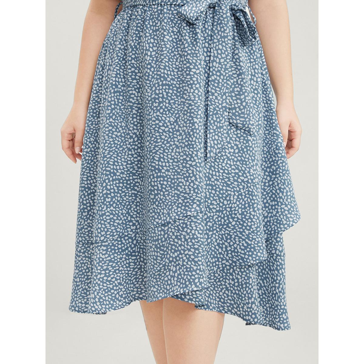 Plus Size Polka Dot Split Sleeve Ruffle Pocket Belted Asymmetrical Hem Dress LightBlue Women Elegant Cross straps V-neck Short sleeve Curvy Midi Dress BloomChic 30/6X Product Image