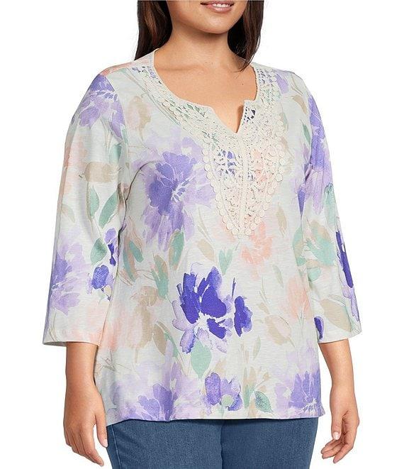 Allison Daley Plus Size Floral Print 3/4 Sleeve V-Neck Beaded Applique Knit Top Product Image
