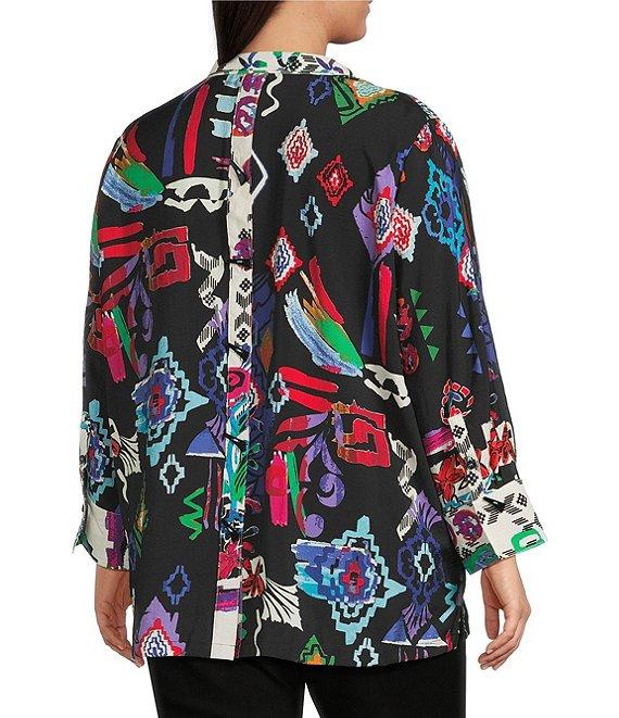 Ali Miles Plus Size Abstract Printed Woven Wire Collar 3/4 Sleeve Button Front Tunic Product Image