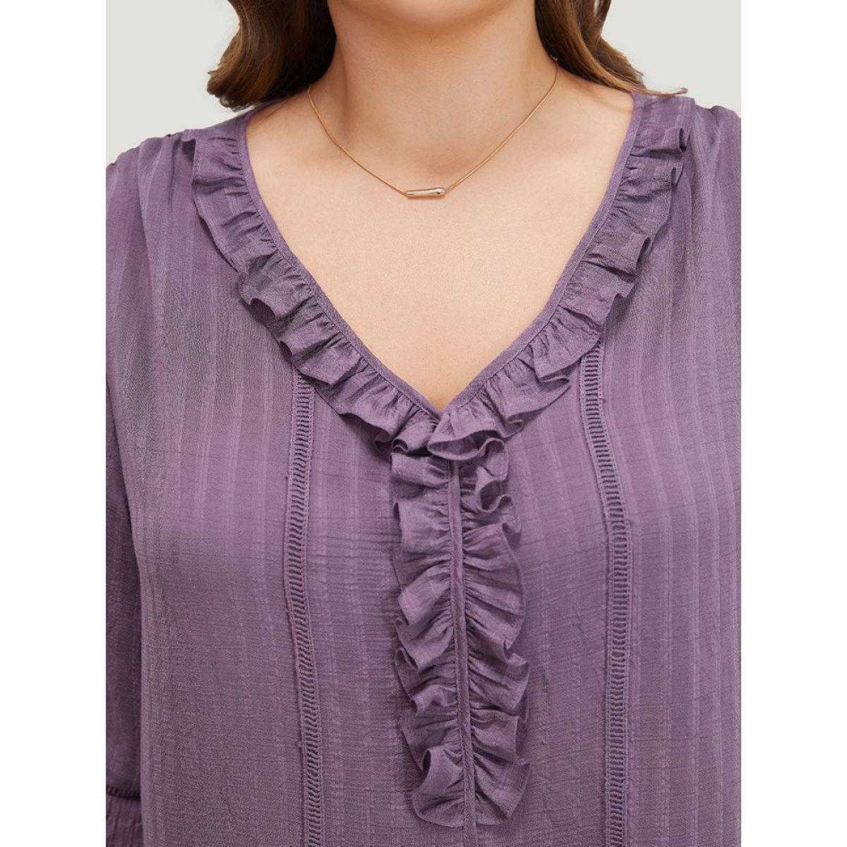 Plus Size Mauve Plain Ruffle Trim Cut Out Blouse Women Elegant Half Sleeve V-neck Dailywear Blouses BloomChic 10/M Product Image