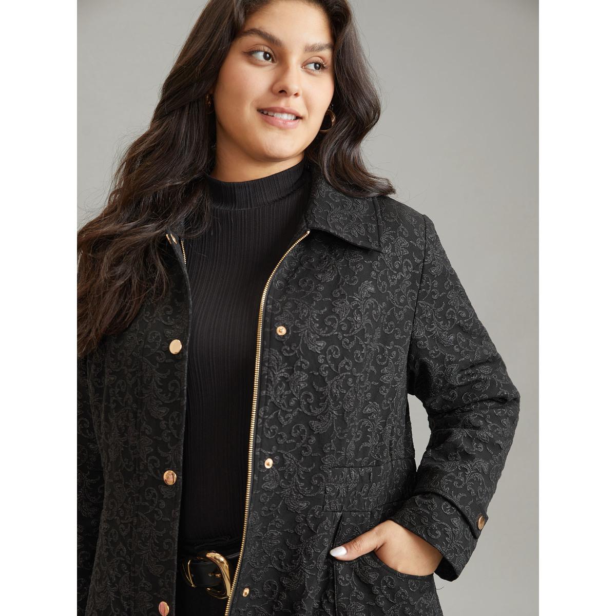 Plus Size Solid Jacquard Zipper Shirred Jacket Women Black Lined Pocket Dailywear Jackets BloomChic 22-24/3X Product Image