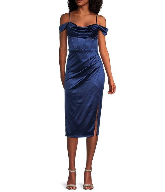 B. Darlin Off The Shoulder Pleated Front Slit Dress Product Image