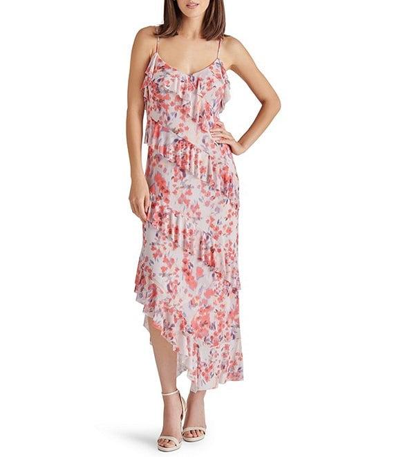 Steve Madden Aida Floral Print V Neck Sleeveless Ruffle Tier Midi Dress Product Image