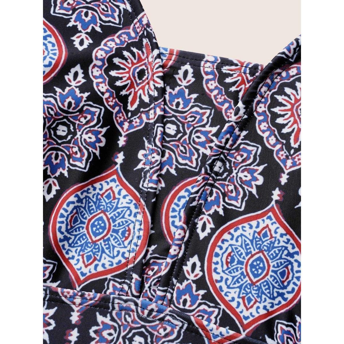 Plus Size Boho Print V Neck Ruched One Piece Swimsuit Women's Swimwear Black Beach Gathered Curve Bathing Suits High stretch One Pieces BloomChic 30/6X Product Image