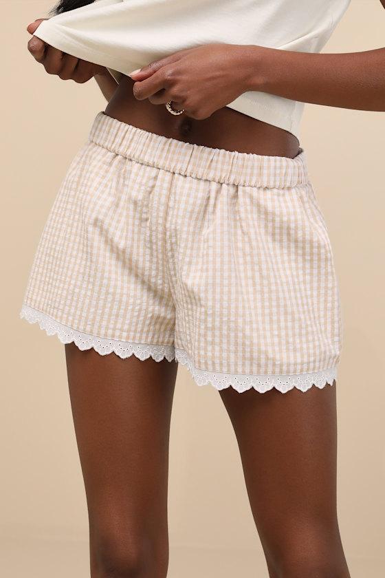 Marija Beige Gingham Scalloped Shorts Product Image