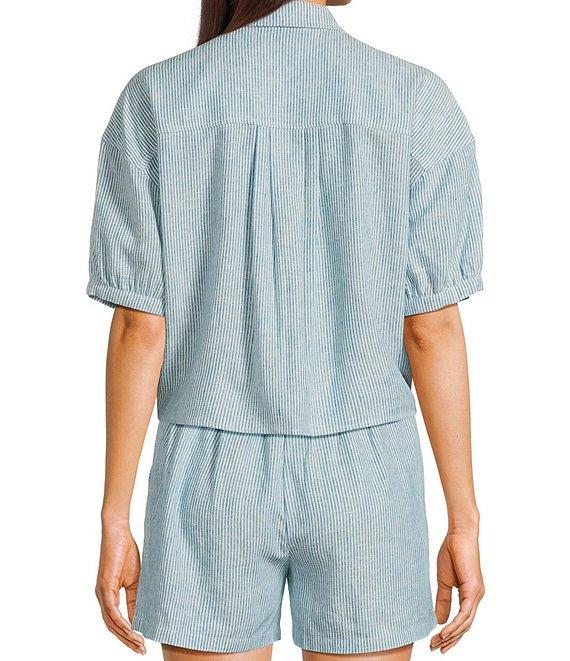 Copper Key Linen Stripe Coordinating Crop Camp Shirt Product Image