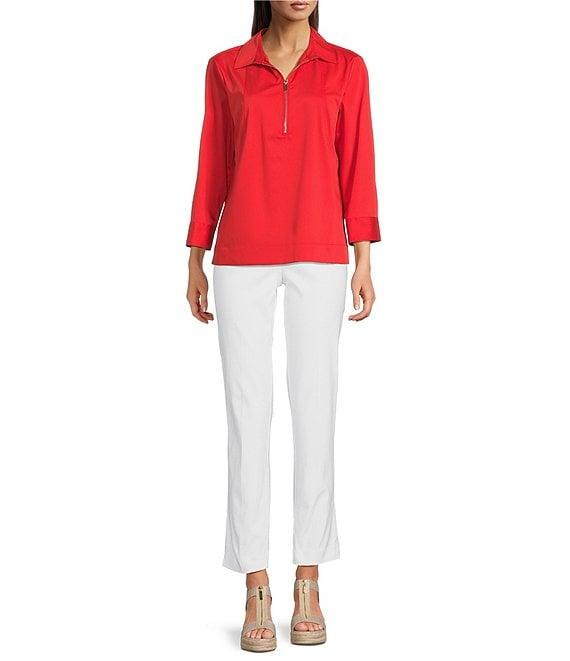 Ali Miles Woven Point Collar 3/4 Sleeves Quarter Zip-Up Tunic Product Image