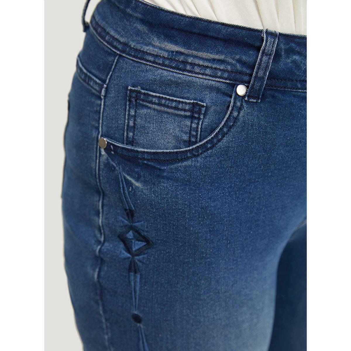 Plus Size Very Stretchy Medium Wash Geometric Embroidered Jeans Women Indigo Casual Plain Embroidered High stretch Jeans BloomChic 12/L Product Image