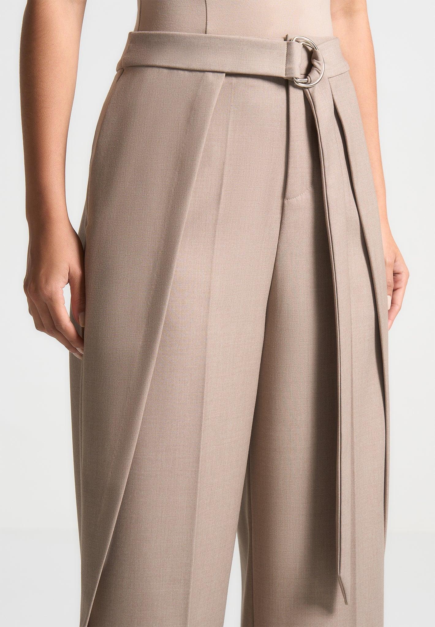 Foldover Tailored Trousers with D-Ring Belt - Taupe Female Product Image