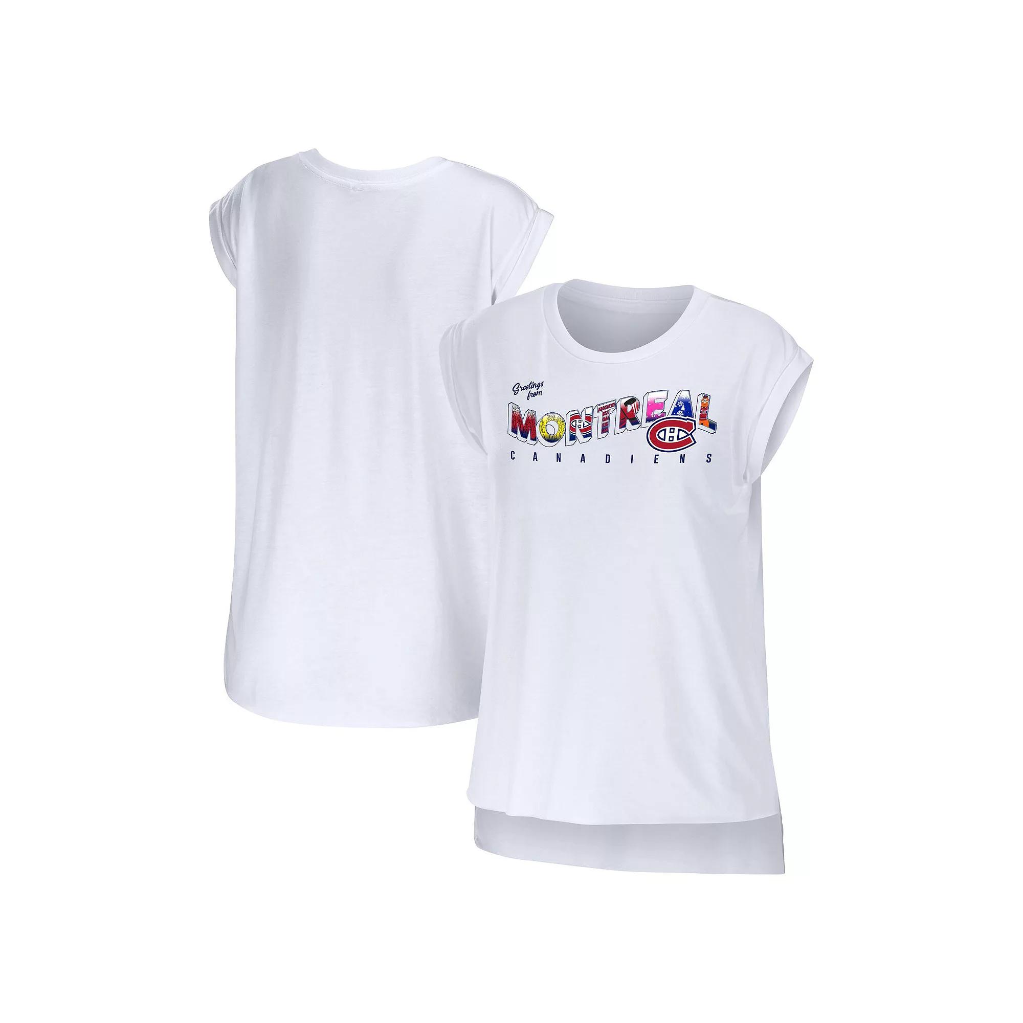 Women's WEAR by Erin Andrews White Montreal Canadiens Greetings From Muscle T-Shirt,  Product Image
