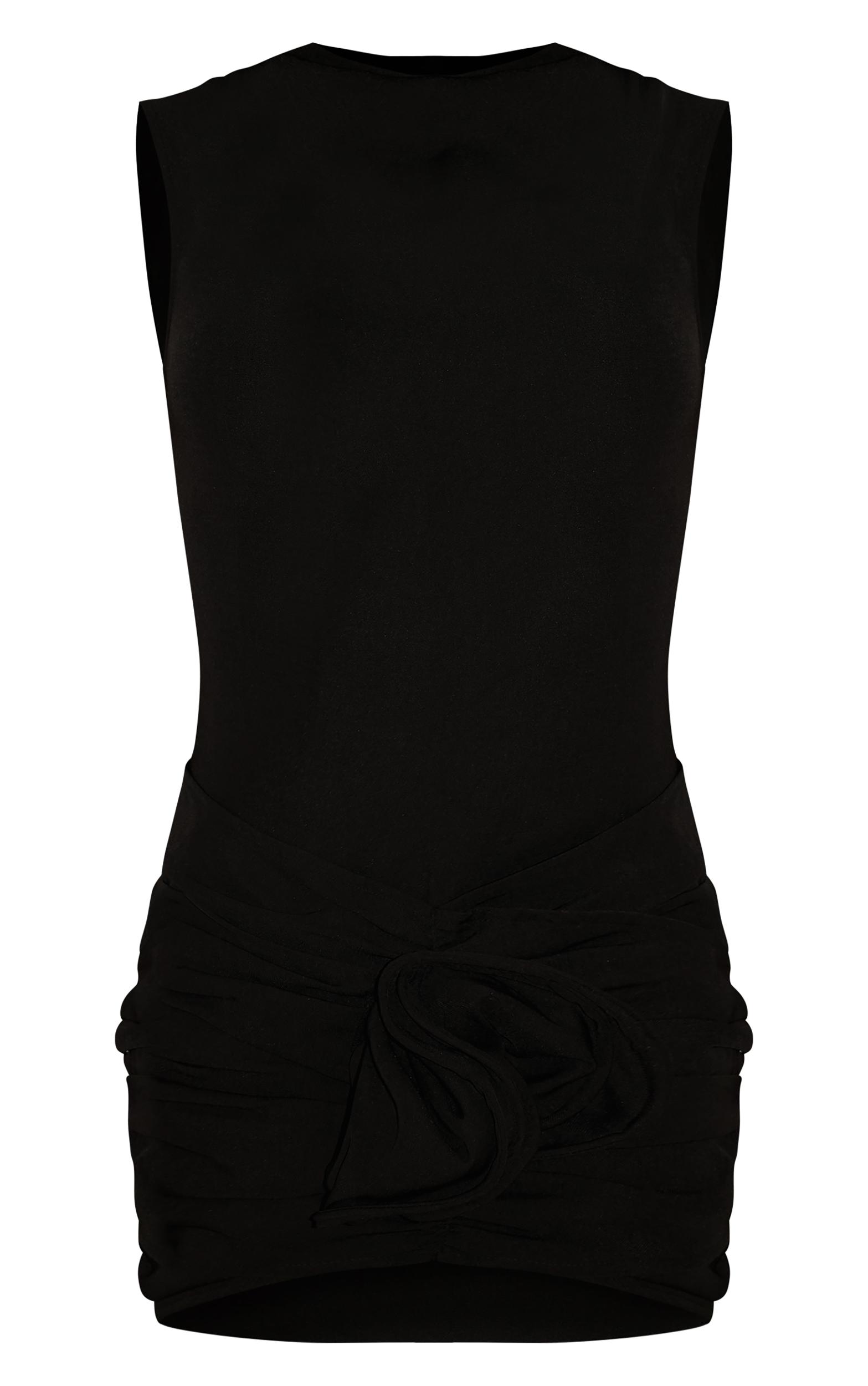 Black Woven High Neck Ruched Floral Mini Dress Product Image