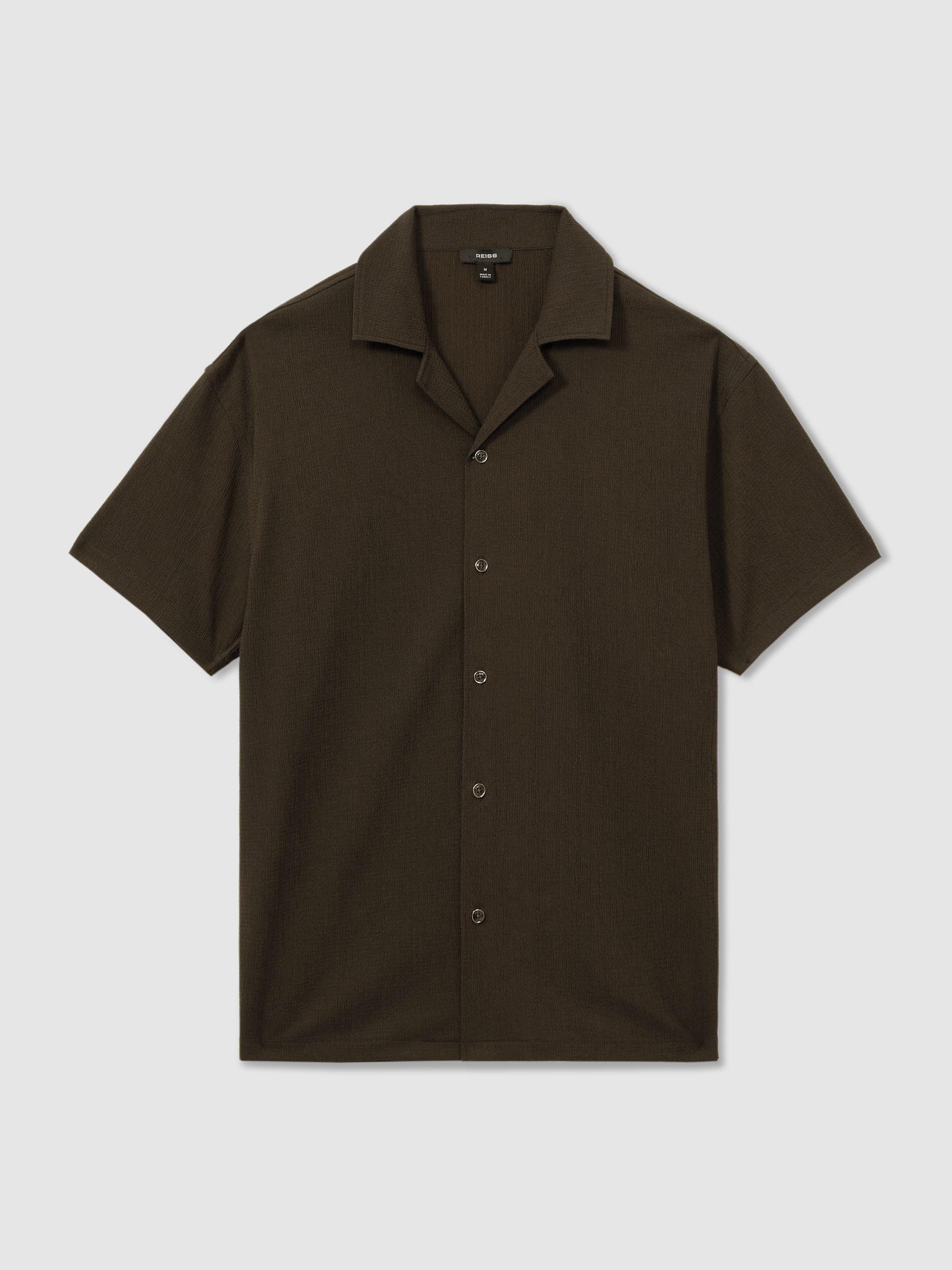 Textured Crepe Cuban Collar Shirt in Dark Olive Green Product Image