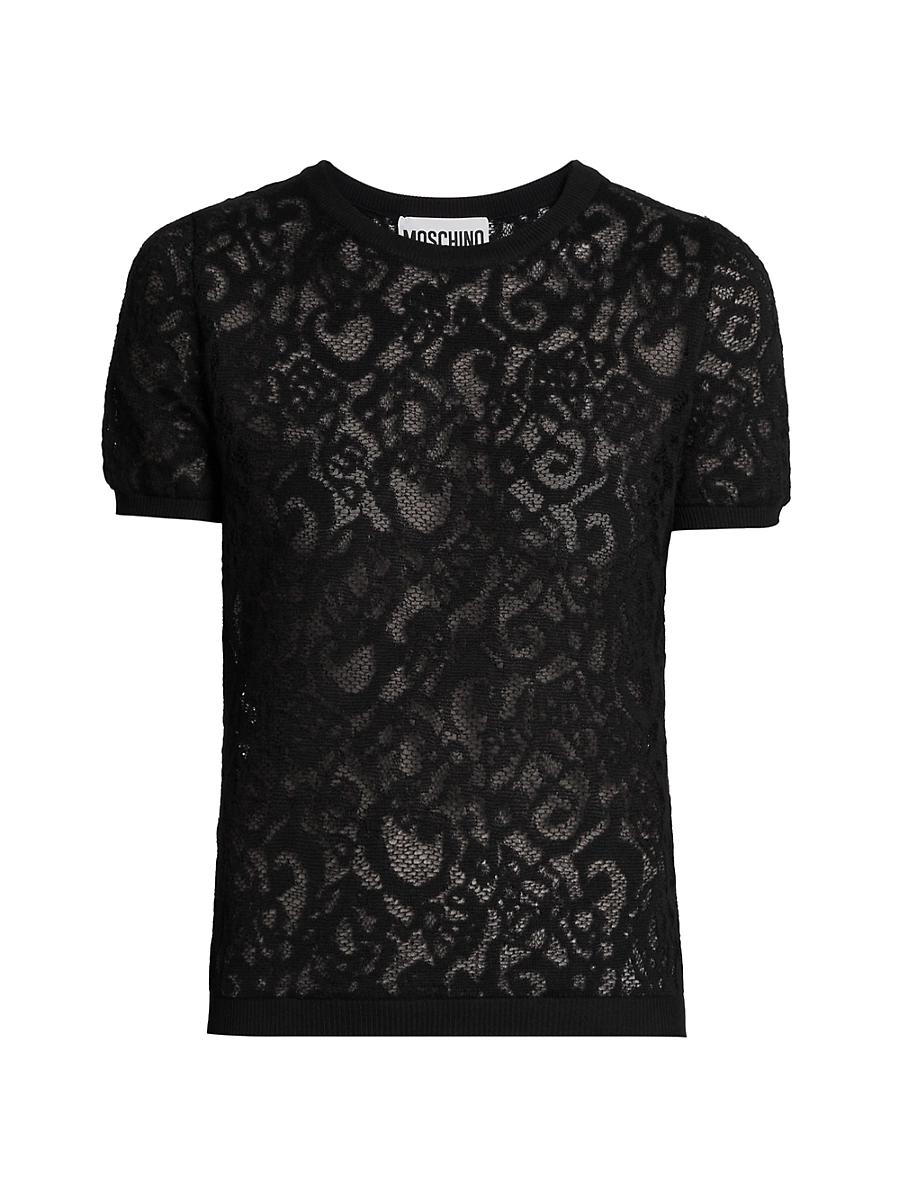Womens Flocked Lace Short-Sleeve Blouse Product Image