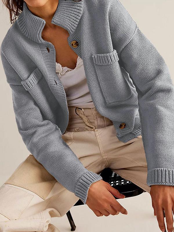 Long Sleeves Loose Buttoned Pockets Solid Color Split-Joint Stand Collar Cardigan Tops Product Image