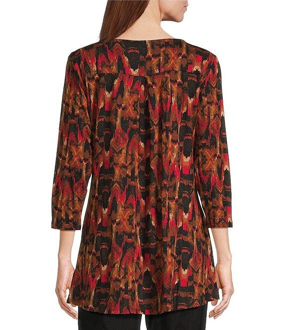 Intro Knit Jersey Abstract Geo Print 3/4 Sleeve Pleated Neck Tee Product Image