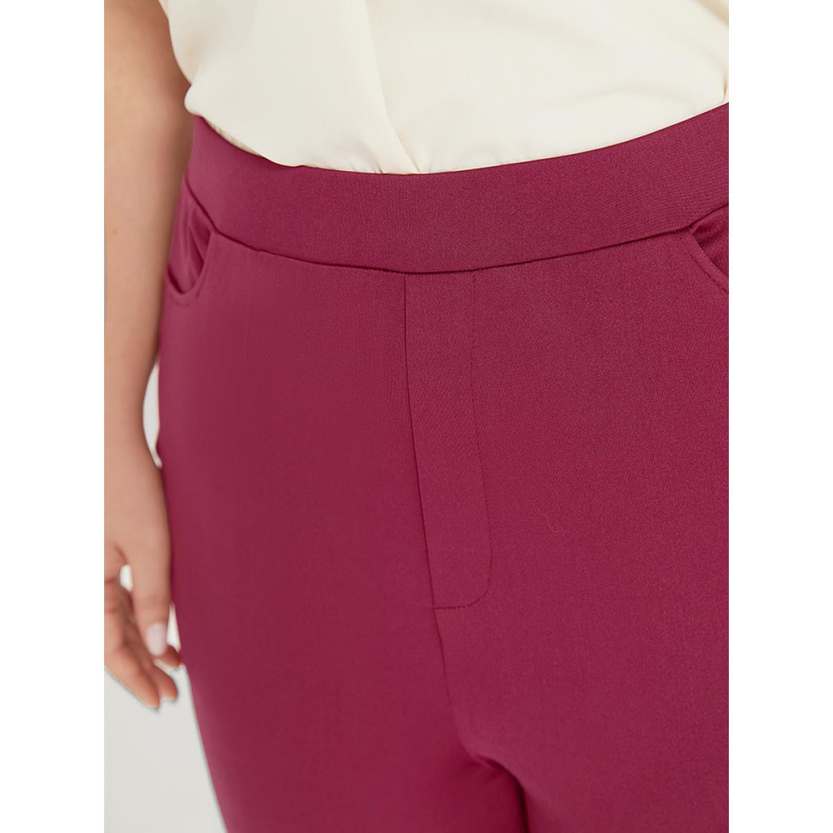 Plus Size Plain Slant Pocket Elastic Waist High Rise Bootcut Pants Women Burgundy Office Bodycon High Rise Work Pants BloomChic 12/L Product Image