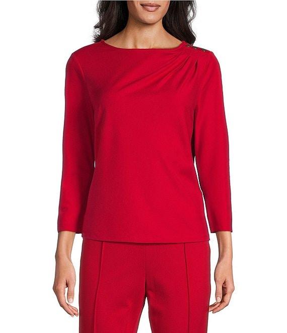 Investments Petite Size Knit 3/4 Sleeve Front Drape Crew Neck Top Product Image