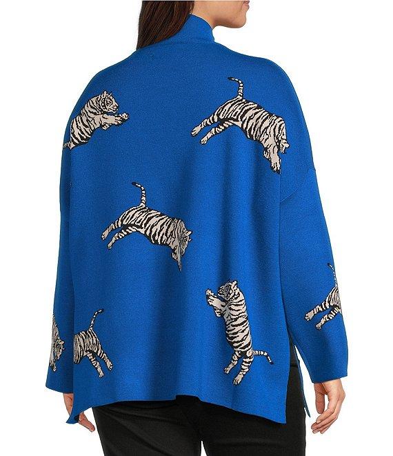 Ali Miles Plus Size Tiger Jacquard Print Mock Neck 3/4 Sleeve Popover Sweater Product Image