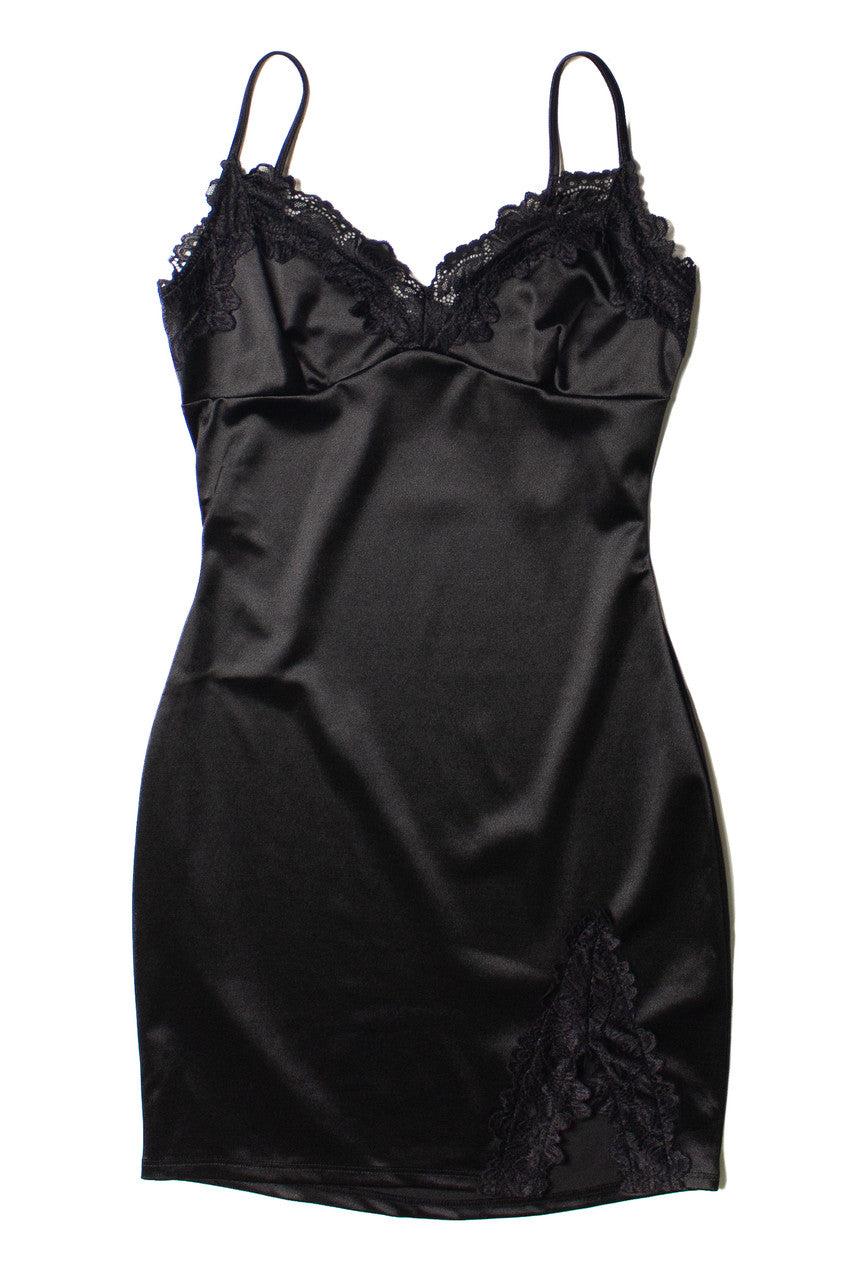 Black Lace Trim Satin Slip Dress Product Image