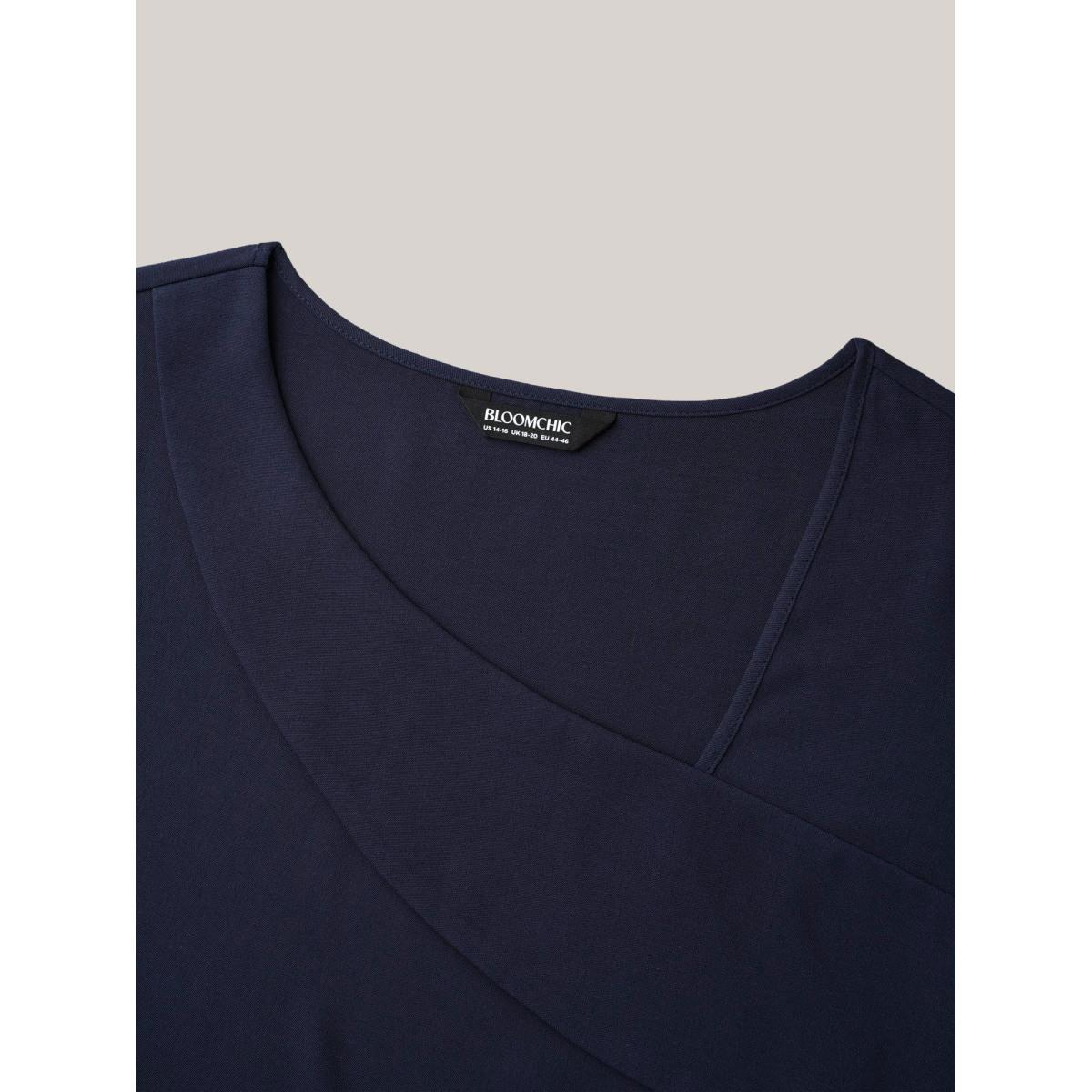 Plus Size Indigo Sheer Sleeve Patchwork Asymmetrical Neckline Blouse Women Office Elbow-length sleeve Asymmetrical Neck Office Blouses BloomChic 30/6X Product Image