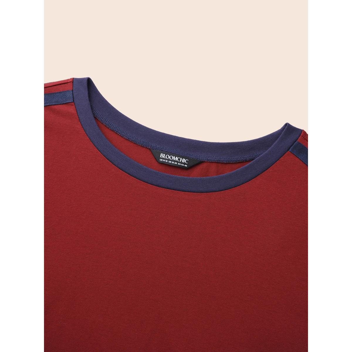 Plus Size Crew Neck Contrast Webbing T-shirt Scarlet Women Casual Contrast Round Neck Loose Everyday T-shirts BloomChic 14-16/1X Product Image