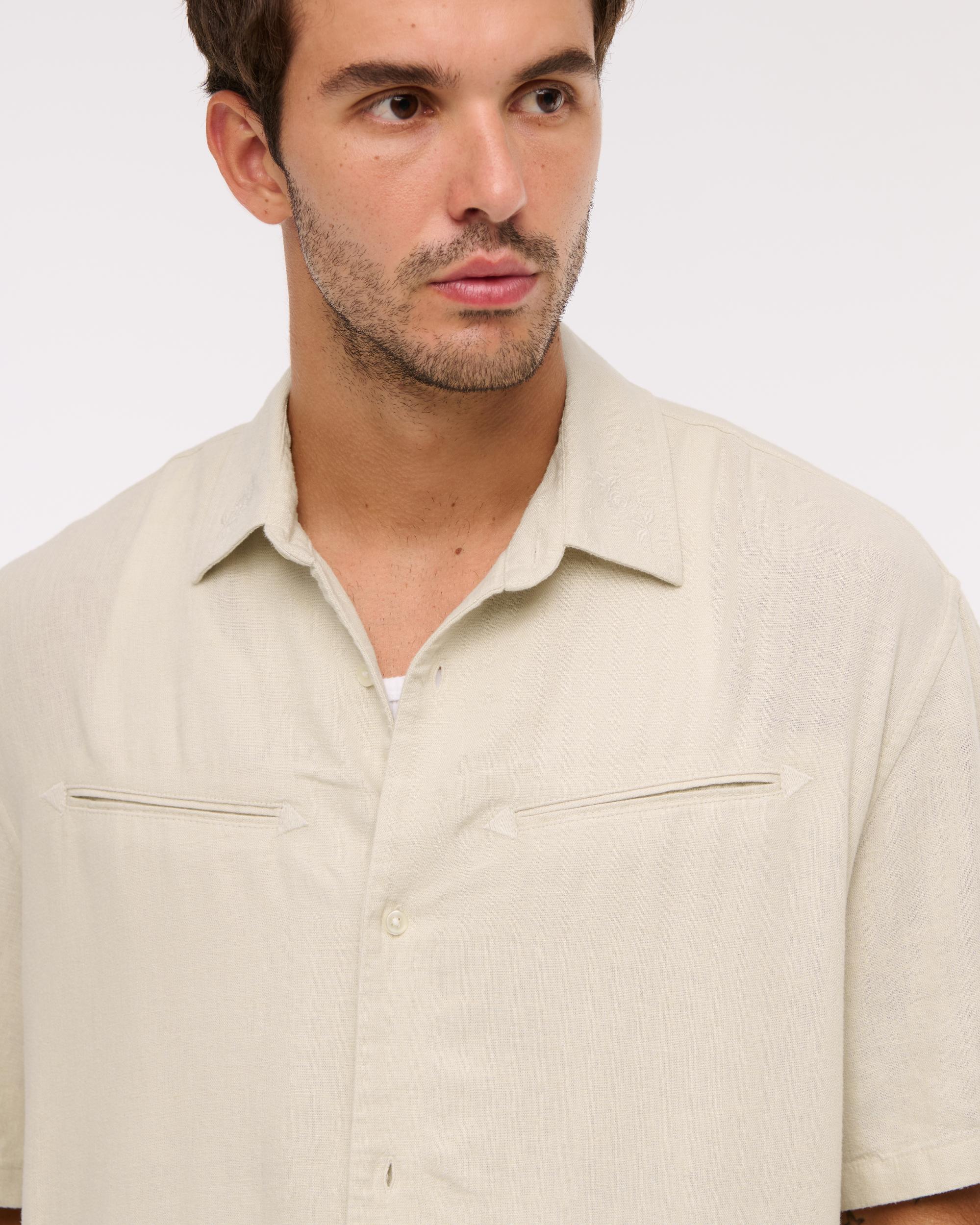 Short-Sleeve Summer Linen-Blend Button-Up Shirt Product Image