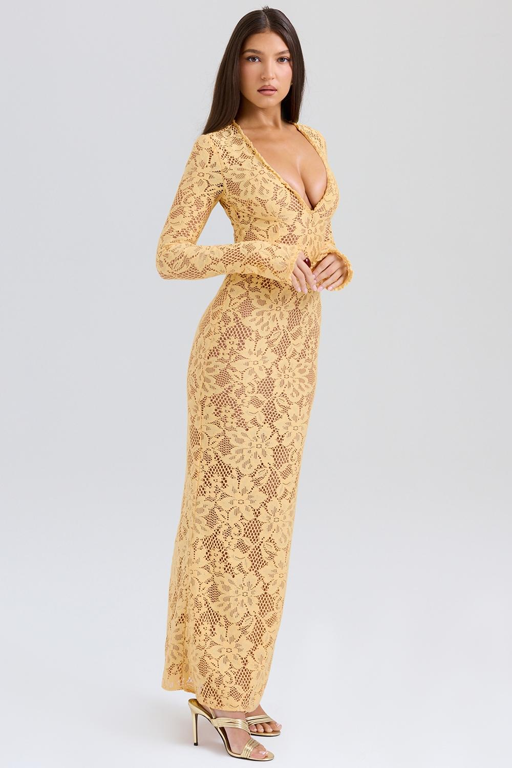 Indiana  apricot plunge lace maxi dress Product Image