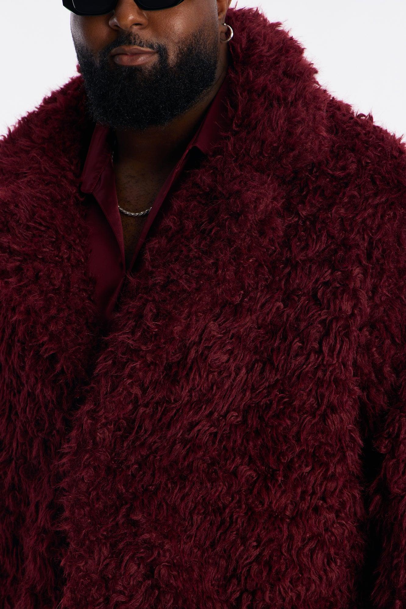 Textured Limitless Faux Fur Car Coat - Burgundy Male Product Image