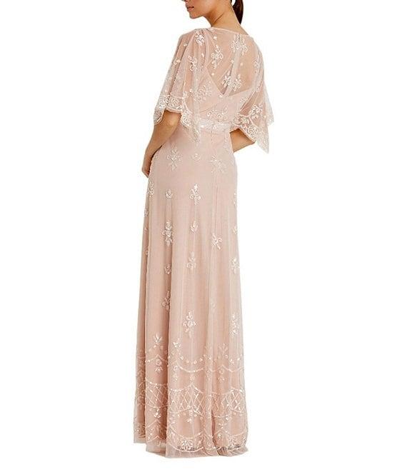Mac Duggal V-Neck Illusion Flutter Sleeve Embroidered Mesh Sheath Gown Product Image