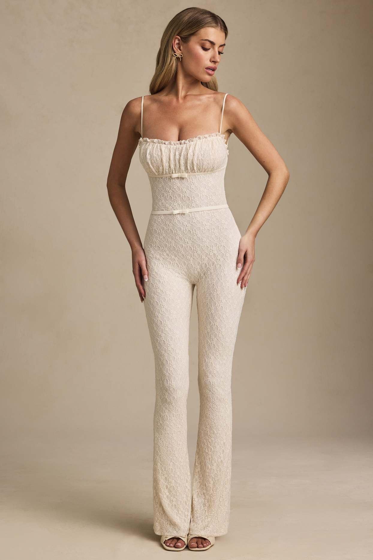 Bow-Detail Lace Flared Jumpsuit in Ivory Product Image