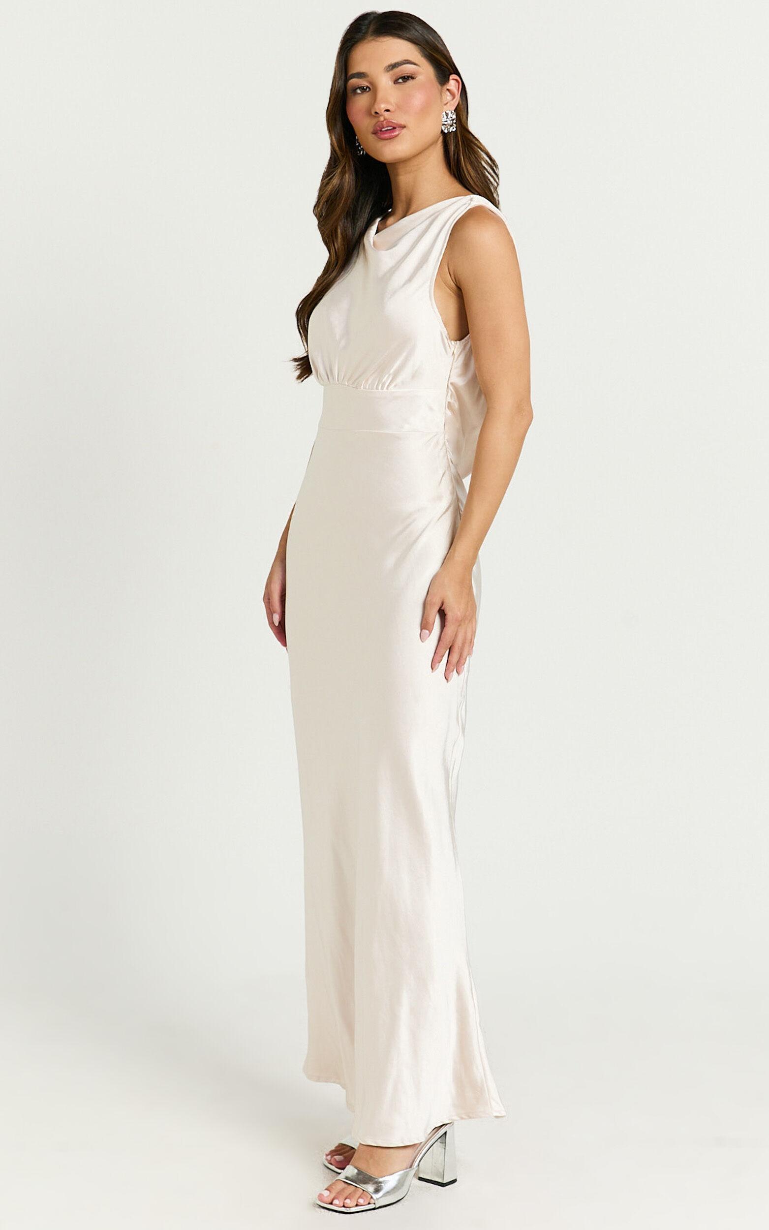 Fheliz Midi Dress - Satin Open Back Dress in Oyster Product Image