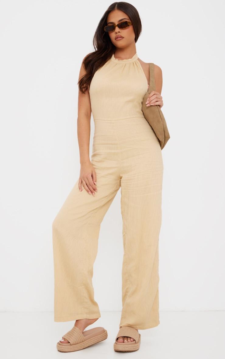 Camel Textured Halterneck Low Back Jumpsuit Product Image
