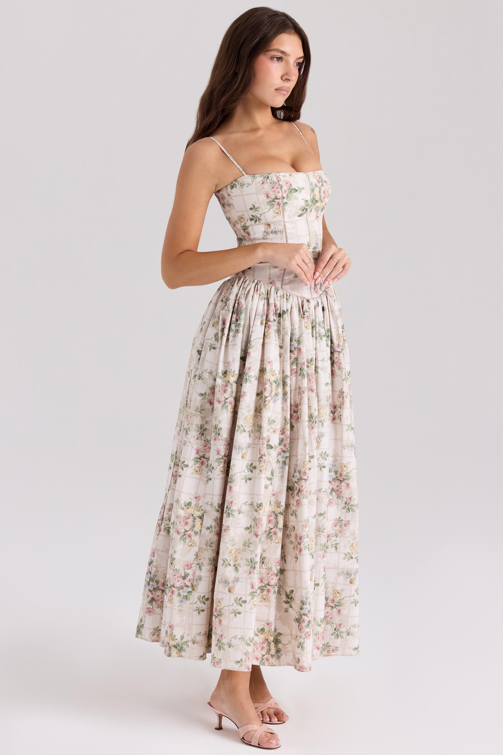 Ysabella  cream floral print cotton midi sundress Product Image